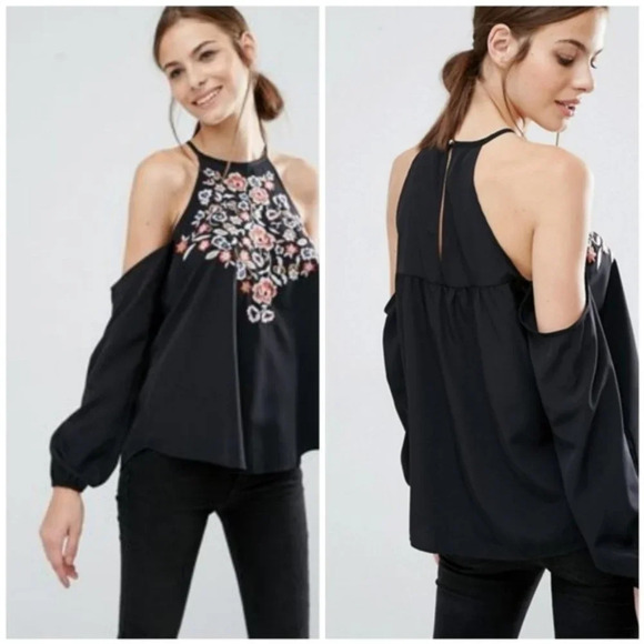 🍁Abercrombie Black Embroidered Cold Shoulder Top - Picture 1 of 4